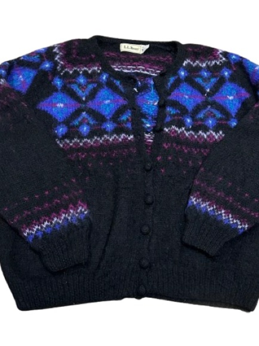 VTG LL Bean Mohair Blend Cardigan Fair Isle Jewel Tone Whimsigoth Sweater XL